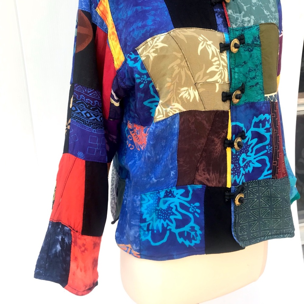 Vintage Patchwork Quilt Batik Mandarin Collar Ray… - image 3